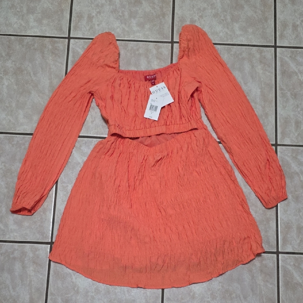 Guess Orange Puff Sleeve Square Neck Midi Dress